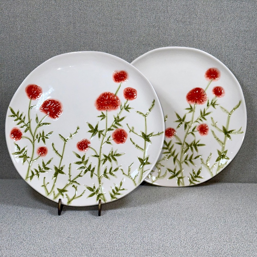 Set of 2 Vintage Kirkland's Red Poppies Embossed Ceramic Plates White 8.25"
